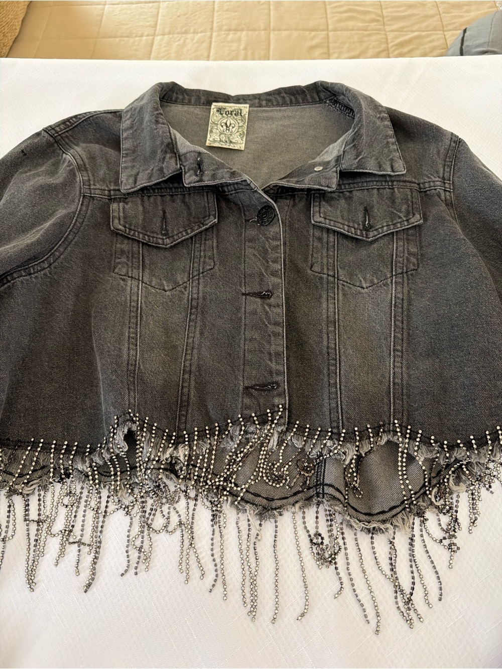 Vocal Black Washed Denim Jacket with Bead Fringe